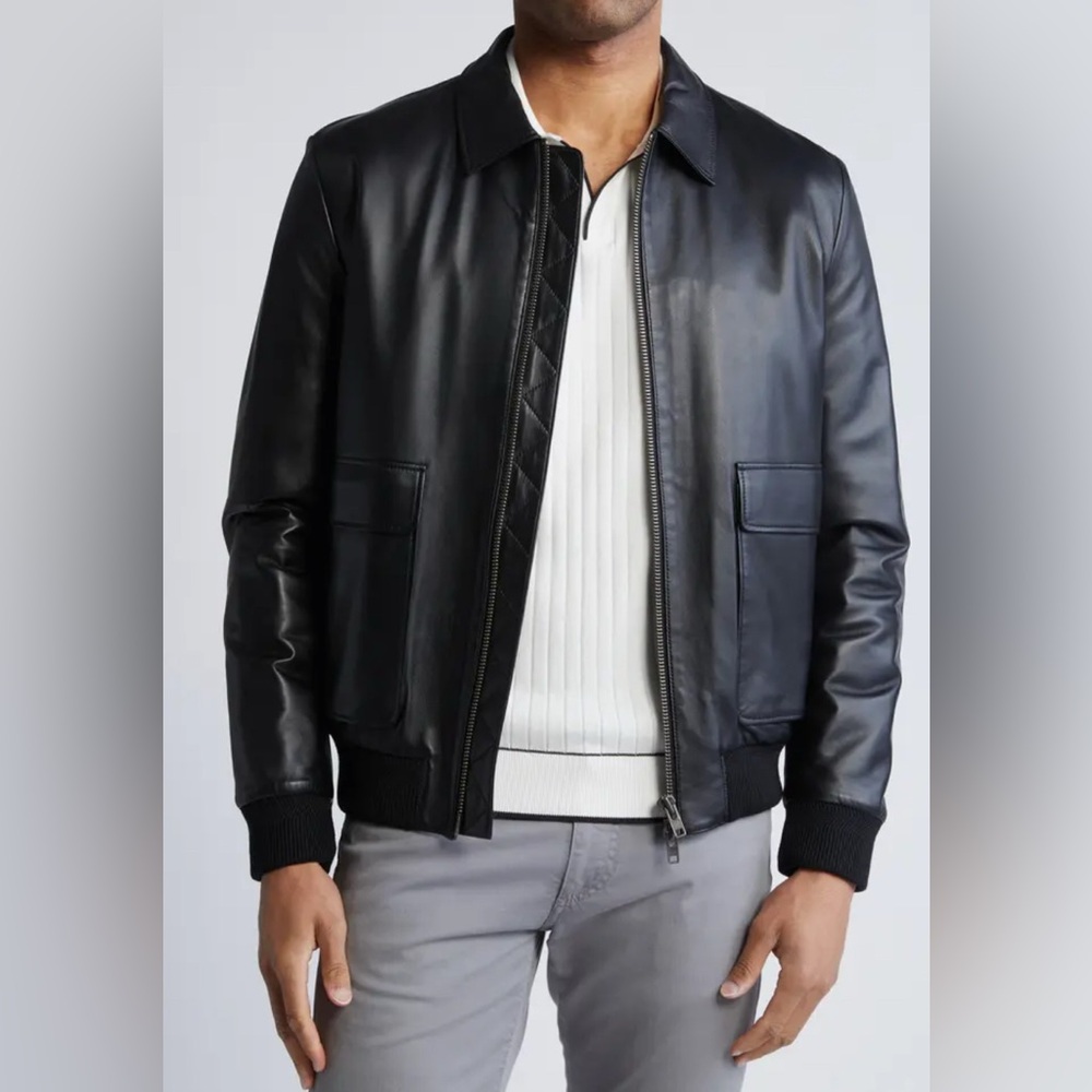 Bugatchi Zip Front Leather Bomber Jacket size L NWOT